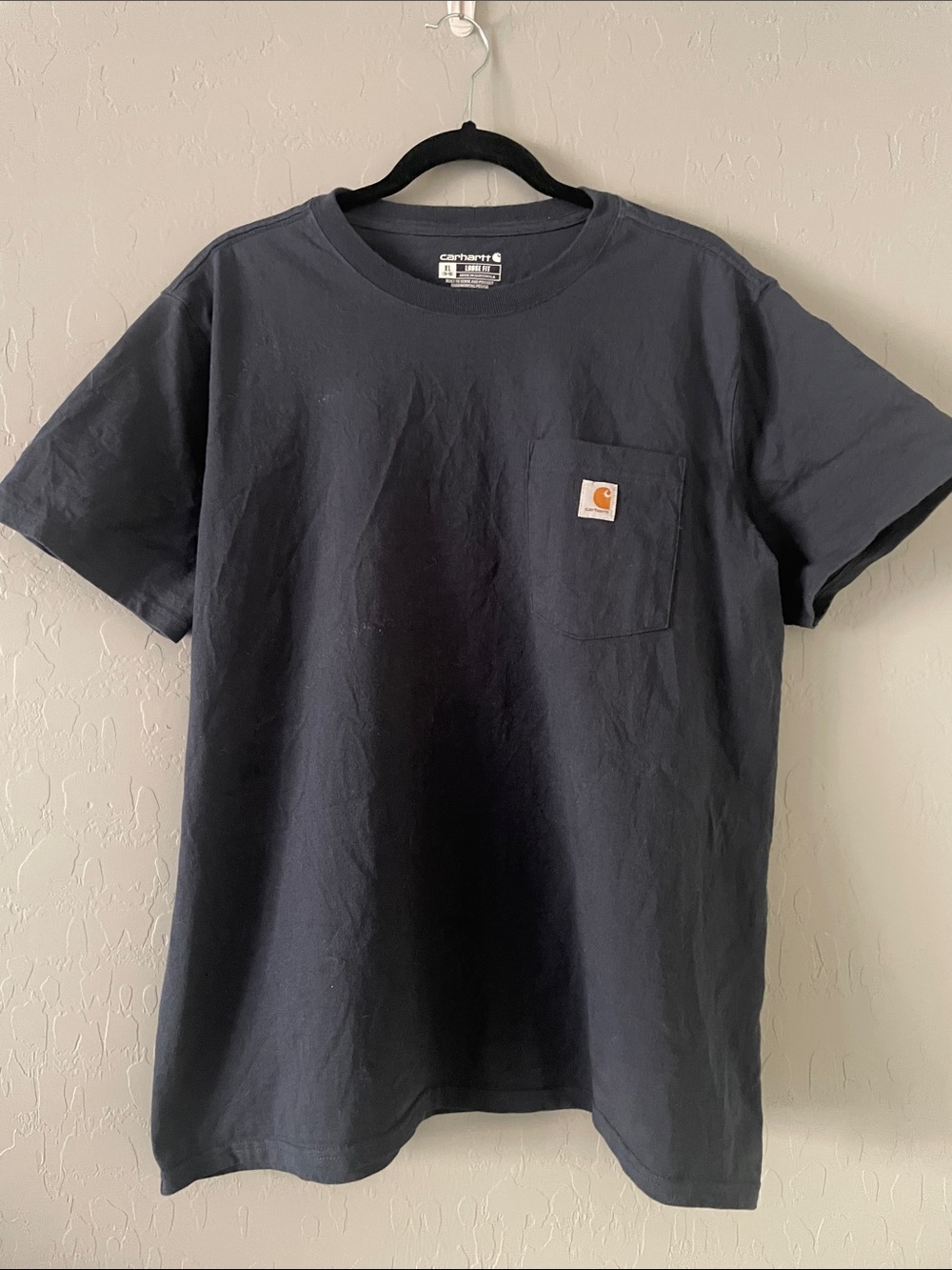 Carhartt Short Sleeve Pocket Tee in Navy Blue with Tan Logo Patch Youth XL